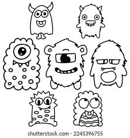 Monster doodles set illustration, monster set doodles for sticker, funny and cutes monster, doodle illustration vector, black and white doodle