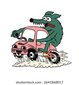 monster driving retro car cartoon vintage illustration