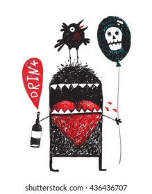 Monster drunker holding bottle with bubble drink. Doodle cartoon alcoholic monster holding bottle with bubble drink, black balloon with skull ,and crow bird,vector drawing illustration.