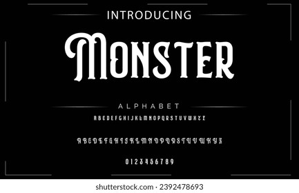 Monster Elegant Tipo de letra mayúscula, minúscula y número. Diseños de moda mínimos con letras clásicas. Tipografía moderna de serif con el concepto de vintage decorativo regular. ilustración vectorial