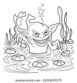 um monstro emerge da água, cercado por lírios e algas, pronto para ser colorido, com bolhas subindo acima de sua cabeça.