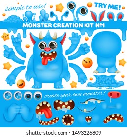 Monster emoji cartoon character creation kit. Diy collection. Vector illustration