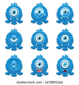 Monster emoji sticker pack. Set of of funny blue monsters in cartoon style. Vector 8 EPS.