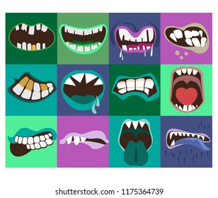 Monster expression funny, tongue and monster mouths with teeth illustration