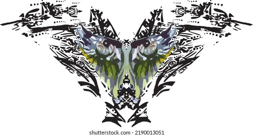 Monster eyes isolated on a white background. An ornamental scary head, like a wolf, resembling the wings of a night butterfly for sport or shield emblems, prints, fabric, textile, fashion trends, etc.