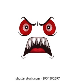 Monster face cartoon vector icon, Halloween ghost, creepy creature emotion with red angry eyes and roar mouth with long sharp teeth. Alien spooky emoji isolated on white background