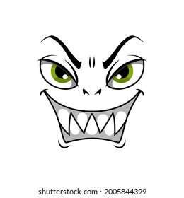 Monster face cartoon vector icon, gloat smiling emotion with angry eyes and laughing toothy mouth. Malefactor Halloween or hell creature emoji isolated on white background