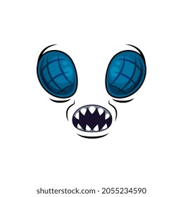 Monster face cartoon vector icon, Halloween creepy muzzle, emotion with meshy fly eyes and open mouth with sharp teeth, ghost, alien or hell creature emoji isolated on white background