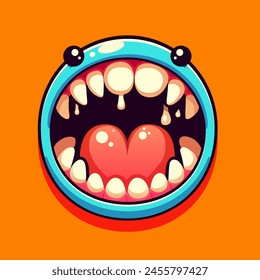 Monster face. Monster character face expression. Monstrous mouth with tongue, spit. Scary and terrible mouth of Monster. Funny facial expression, open mouth with tongue and drool. Cute monster mouth