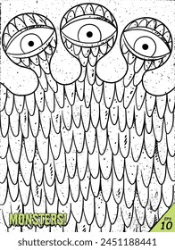 Monster face. Creepy mutant creature. Horror character, coloring page