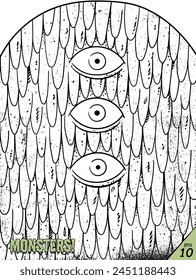 Monster face. Creepy mutant creature. Horror character, coloring page