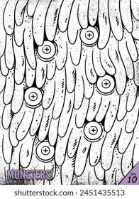 Monster face. Creepy mutant creature. Horror character, coloring page