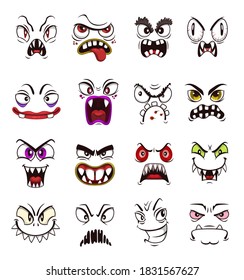 Monster face emoji cartoon vector set with scary emoticons. Halloween holiday horror monsters, spooky devil or demon, evil vampire, ghost and beast with creepy smiles, teeth and angry eyes