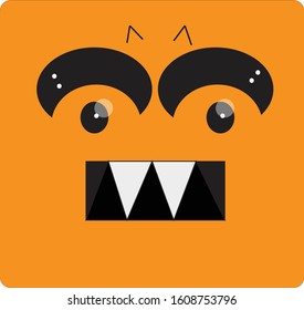 Monster face emoji. Square orange monster face with sharp vampire teeth pointing out, fuzzy eyebrows and small horns on its forehead. Expression of fear, happiness, or unbelieving. 