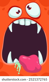 Monster face with funy expression opened mouth blank space banner for text. Halloween design element for banner or decoration party