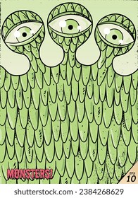 Monster face. Green mutant creature. Horror character, grunge poster 