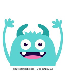 Monster face head blue silhouette. Eyes, teeth fang, horns, hands up. Happy Halloween. Cute cartoon kawaii funny character. Baby kids collection. Flat design. White background. Isolated. Vector