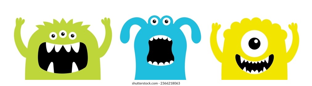 Monster face head icon set line. Happy Halloween. Cute kawaii cartoon colorful scary character. Eyes, horns, fang teeth, hands up. Funny baby collection. Flat design. White background. Vector