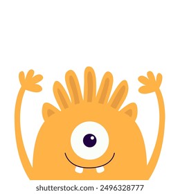 Monster face head orange silhouette. One eye, teeth fang, hands up. Happy Halloween. Cute cartoon kawaii funny character. Baby kids collection. Flat design. White background. Isolated. Vector