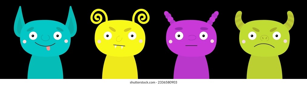Monster face head set. Happy Halloween. Cute cartoon kawaii scary funny boo character. Colorful silhouette. Baby collection. Different emotion. T-shirt design. Black background. Flat design. Vector