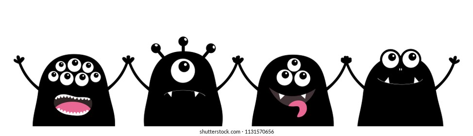 Monster face head set holding hands. Cute cartoon black scary character. Eyes, tongue. Funny baby collection. Happy Halloween card. White background Isolated. Happy Flat design. Vector illustration