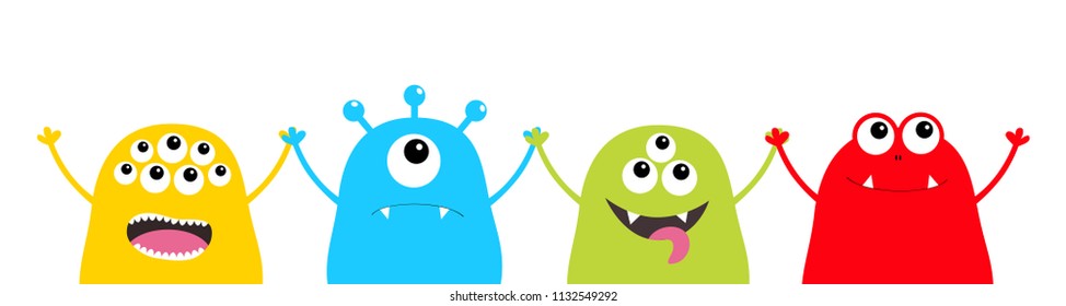 Monster face head set holding hands. Cute cartoon colorful scary character. Eyes, tongue. Funny baby collection. Happy Halloween card. White background Isolated. Happy Flat design. Vector illustration