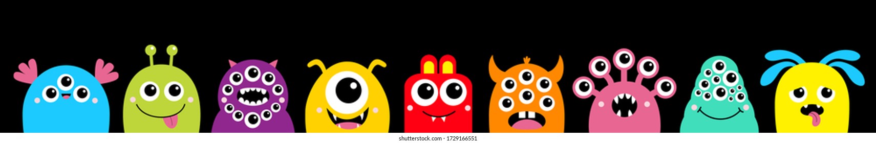Monster face head set line. Cute kawaii cartoon colorful funny character icon. Happy Halloween. Eyes, horns, tongue, hands, fang teeth . Funny baby collection. Black background Flat design. Vector