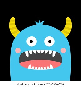 Monster face head silhouette. Happy Halloween. Cute Kawaii funny cartoon baby character. Blue animal. Yellow horns, eyes, fangs. Boo. Sticker print. Flat design. Black background. Vector illustration