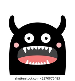 Monster face head silhouette. Happy Halloween. Cute Kawaii funny cartoon baby character. Black animal. Eyes, fangs, horns. Boo. Sticker print. Flat design. White background. Vector illustration