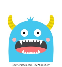 Monster face head silhouette. Happy Halloween. Cute Kawaii funny cartoon baby character. Blue animal. Yellow horns, eyes, fangs. Boo. Sticker print. Flat design. White background. Vector illustration
