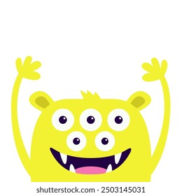 Monster face head yellow silhouette. Eyes, teeth fang, ears, hair, hands up. Happy Halloween. Cute cartoon kawaii funny character. Baby kids collection. Flat design. White background. Isolated. Vector