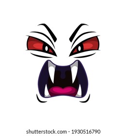 Monstruo frente a ícono vector aislado, emoticono de dibujos animados del demonio enfurecido, emoción de criatura espeluznante de Halloween. Demonio ruidoso con colmillos afilados y ojos rojos espeluznantes