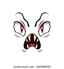 Monster face isolated vector icon, cartoon emoji of angry demon, Halloween spooky creature emotion. Roaring devil with sharp fangs and red creepy eyes isolated on white background