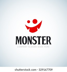 Monster face logo icon. Monster logotype. Open mouth with teeth. Fantasy character mascot. Comic hero. Red Monster icon. 