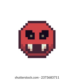 Monster face with scary fang teeth halloween pixel art icon,  spooky head cartoon character, red smiley with black eyes. 8-bit. Show language emotion. Flat style. Isolated vector illustration.