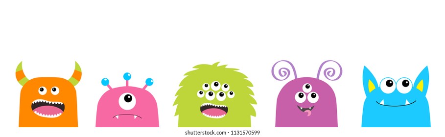 Monster face set. Cute cartoon scary funny character. Happy Halloween. Colorful silhouette. Baby collection. T-shirt design. White background. Flat design. Vector illustration