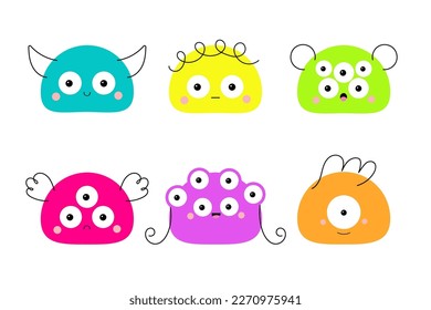 Monster face set. Cute cartoon kawaii scary funny character. Round head. Happy Halloween. Colorful silhouette. Contour line doodle. Baby collection. T-shirt design. Flat design White background Vector