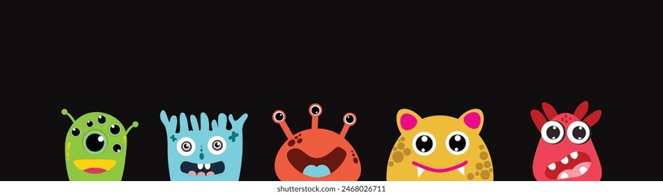 Monster-Gesichtsset. Netter Cartoon gruseliger lustiger Charakter. Alles Gute zu Halloween. Bunte Silhouette. Kollektion. T-Shirt-Design. Schwarzer Hintergrund. Flaches Design. Vektorillustration
