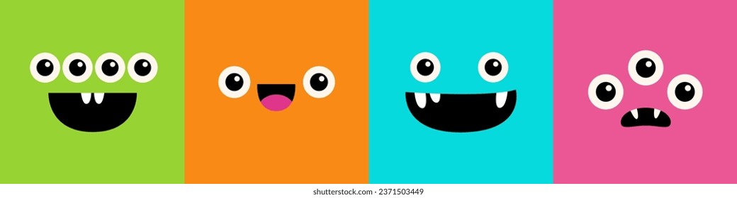 Monster face set line. Square head. Happy Halloween. Spooky Smiling Boo screaming sad face emotion. Cute character. Eyes, tongue, teeth fang, mouse. Flat design style. Baby kids background. Vector