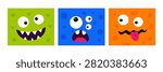 Monster face set. Square alien creature icons. Funny cute monster expressions with eyes teeth open mouth tongue. Halloween character avatar collection
