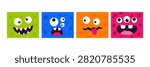 Monster face set. Square alien creature icons. Funny monster expressions with eyes teeth open mouth tongue. Halloween character avatar set