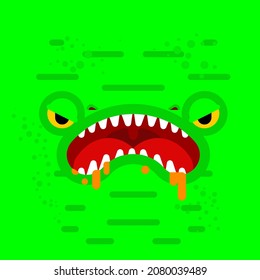 Monster face. Teeth and jaws of green monstrosity
