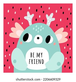 Monster Faces Card. Childish Cute Bizarre Creature. Imaginary Funny Cheerful Character. Adorable Alien. Holiday Postcard. Fantasy Beast. Happy Demon. Mutant Friend