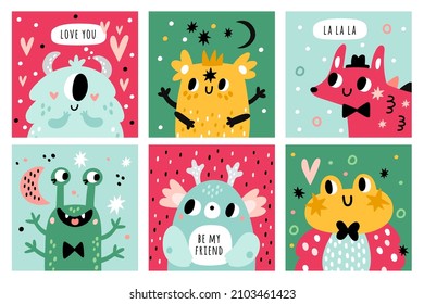 Monster faces cards. Childish cute creatures, imaginary funny characters, little comic animals with horns and teeth, baby humor. Happy alien mascots vector cartoon flat