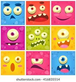 Monster Faces Collection Of Cute Cartoon Funny Images In Bright Color Childish Vector Design