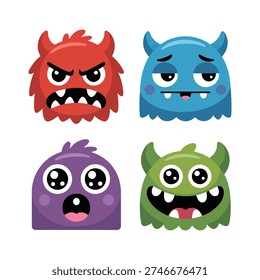 Monster faces collection with purple blob, angry red head, sleepy blue ghost and green ghoul, cartoon icons for kids crafts