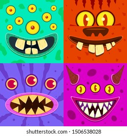 Monster faces. Cute horned crazy goblin and slimy gremlin, scary aliens. Halloween funny trolls, zombie head cartoon vector comic expression smile characters