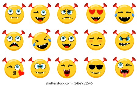 Monster faces emoticons. Vector cartoon funny angry and smile cartoon emojis. Illustration of angry monster face, emoji character smile. Cute monster with ears.