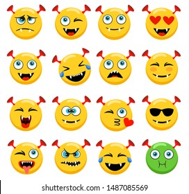 Monster faces emoticons. Vector cartoon funny angry and smile cartoon emojis. Illustration of angry monster face, emoji character smile. Cute monster with ears.