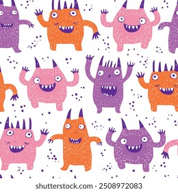 Monster faces seamless pattern. Cartoon monsters, mouths and teeth. Scary creatures vector print for kids. 